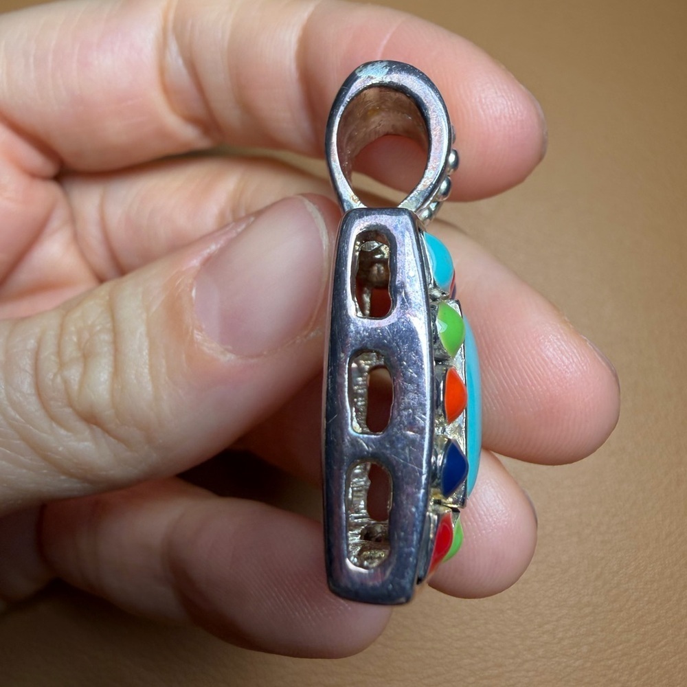 Vintage Style Sterling Silver Tone Turquoise Multi-Gemstone Pendant - Picture 8 of 9